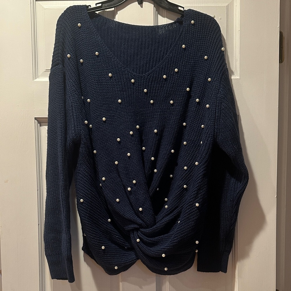 SHEIN Navy Sweater with Pearl Details
